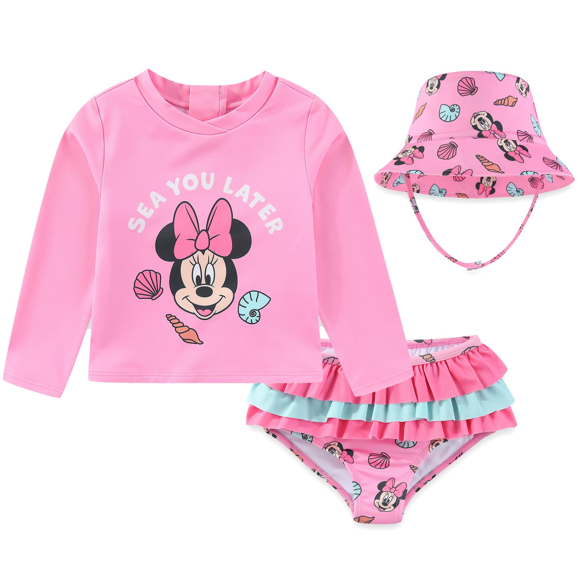 Disney Baby Girls Minnie Mouse UPF 50+ Rash Guard, Bikini Bottom, \u0026 Hat (Girls), 3 Piece Set, Sizes 12M-24M